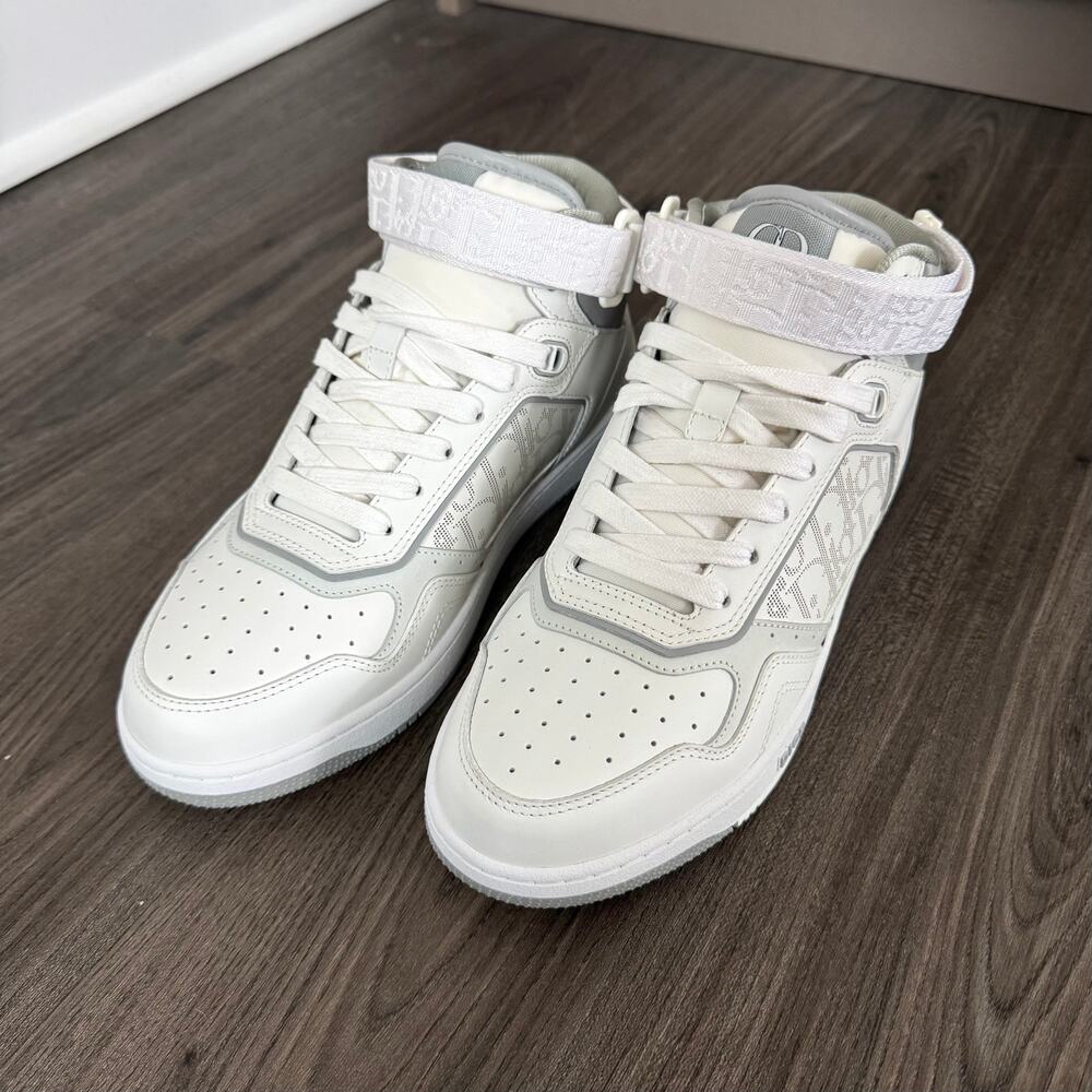 DIOR B27 High Top White Gray Monogram Strap Sneakers 40 NEW Lace up Leather Logo - Picture 3 of 7
